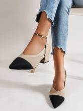 Women Point Toe Chunky Heeled Pumps, Beige Elegant Color Block Heeled Court Pumps